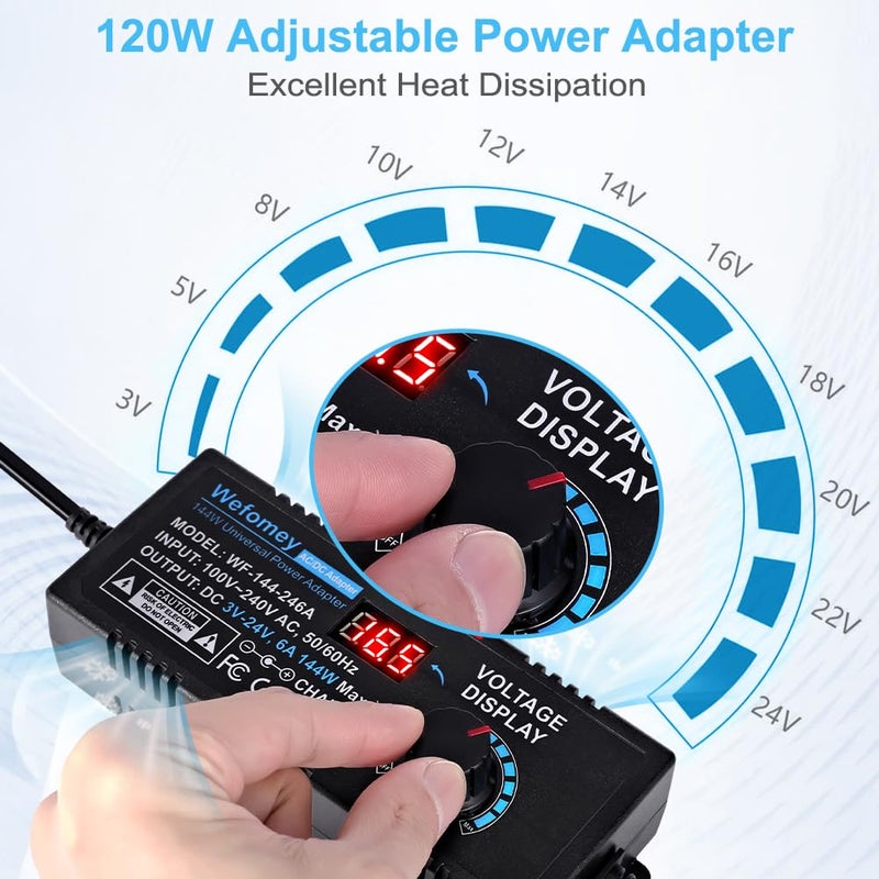 Wefomey مزود طاقة عالمي 3V~24V 6A 144W قابل للتعديل متغير 3V 5V 9V 12V 18V 20V 24V محول شاحن AC/DC ، 100V-240V AC إلى DC مع 14 رأس ، محول قطبية وكابل تقسيم طاقة 4 طرق - Image 2