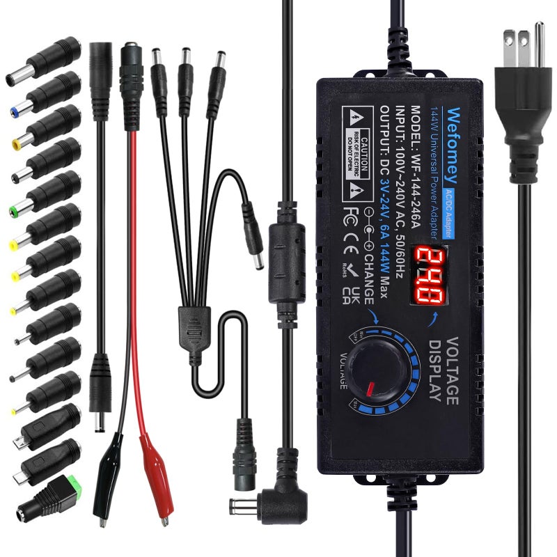 Wefomey مزود طاقة عالمي 3V~24V 6A 144W قابل للتعديل متغير 3V 5V 9V 12V 18V 20V 24V محول شاحن AC/DC ، 100V-240V AC إلى DC مع 14 رأس ، محول قطبية وكابل تقسيم طاقة 4 طرق - Image 1