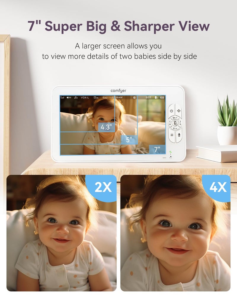 Comfyer Baby Monitor with Camera and Audio, 7" 720P HD Video Baby Monitor No WiFi, 6000mAh Battery, VOX Mode, Auto Night Vision, Hack Proof, Remote PTZ - Image 2