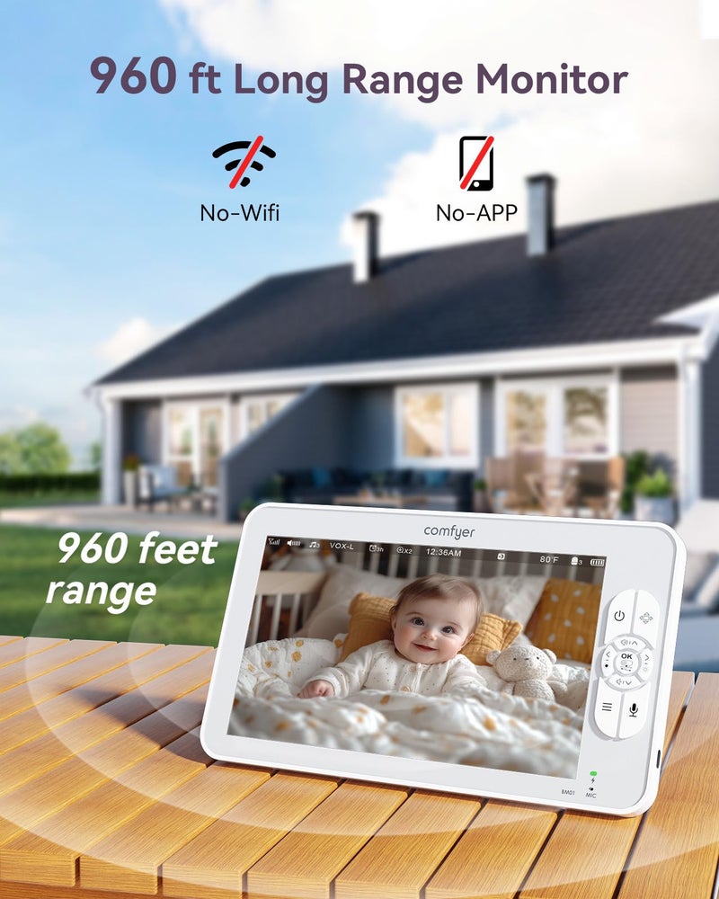 Comfyer Baby Monitor with Camera and Audio, 7" 720P HD Video Baby Monitor No WiFi, 6000mAh Battery, VOX Mode, Auto Night Vision, Hack Proof, Remote PTZ - Image 4