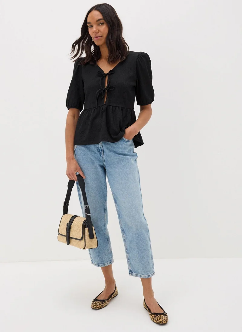 Matalan Black Textured Tie Front Top