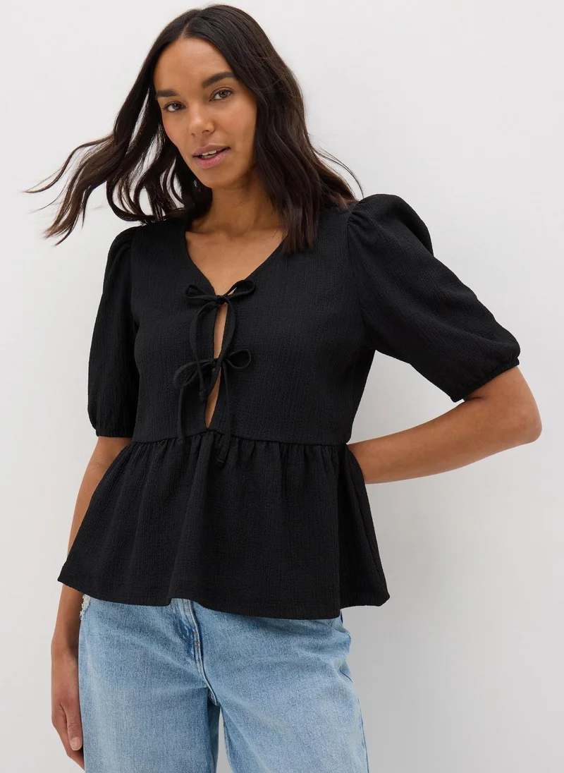 Matalan Black Textured Tie Front Top