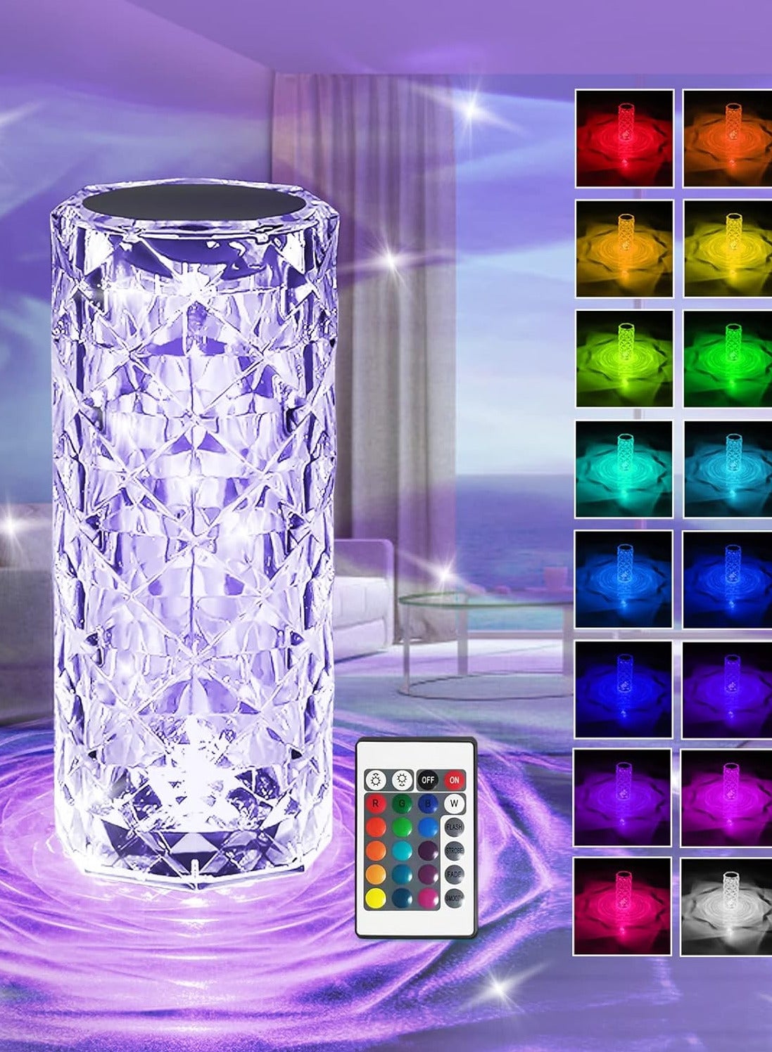 Crystal Diamond Table Lamp RGB 16 Colors USB Charging Touch Lamp Bedside Night Light With Remote Control Acrylic Rose Rays Led Ambient Mood Lamp For Bedroom Living Room Guest Room And Restaurant