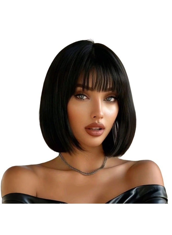 ShineDown 12 inch Bob Wig with Bangs, Heat-Resistant Synthetic Fiber Headband Hairpiece, Lightweight and Straight for Daily Wear and Occasions - Image 1