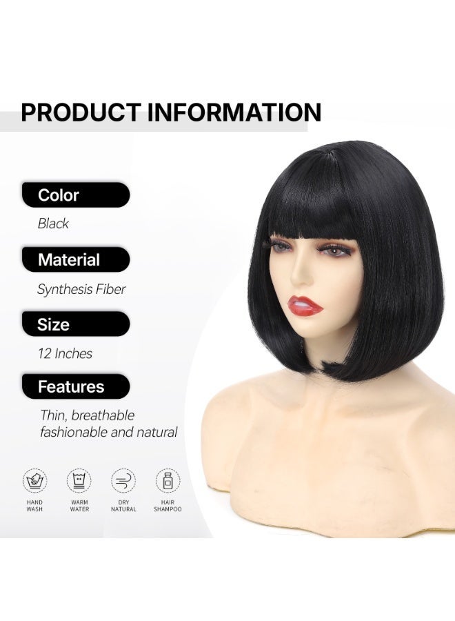 ShineDown 12 inch Bob Wig with Bangs, Heat-Resistant Synthetic Fiber Headband Hairpiece, Lightweight and Straight for Daily Wear and Occasions - Image 2