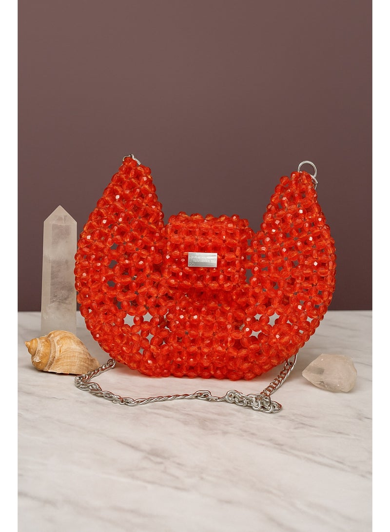 Lava Handmade crystal beaded shoulder bag, crossbody bag, long chain handle, magnetic flap closure, acrylic orange crystals - Image 1