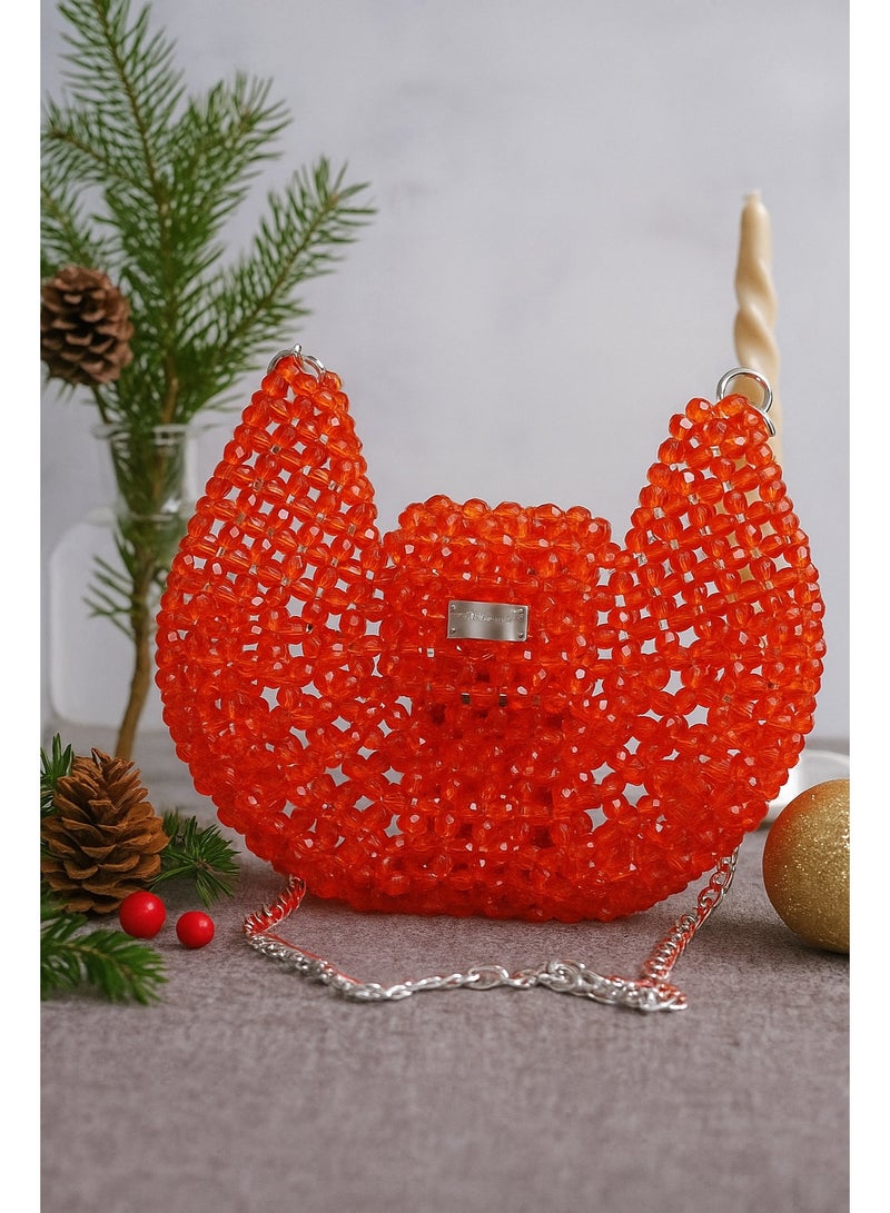 Lava Handmade crystal beaded shoulder bag, crossbody bag, long chain handle, magnetic flap closure, acrylic orange crystals - Image 2