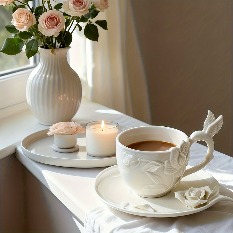 White Ceramic Rose Coffee Cup Saucer Set with Non Slip Handle for Home Office - Image 1