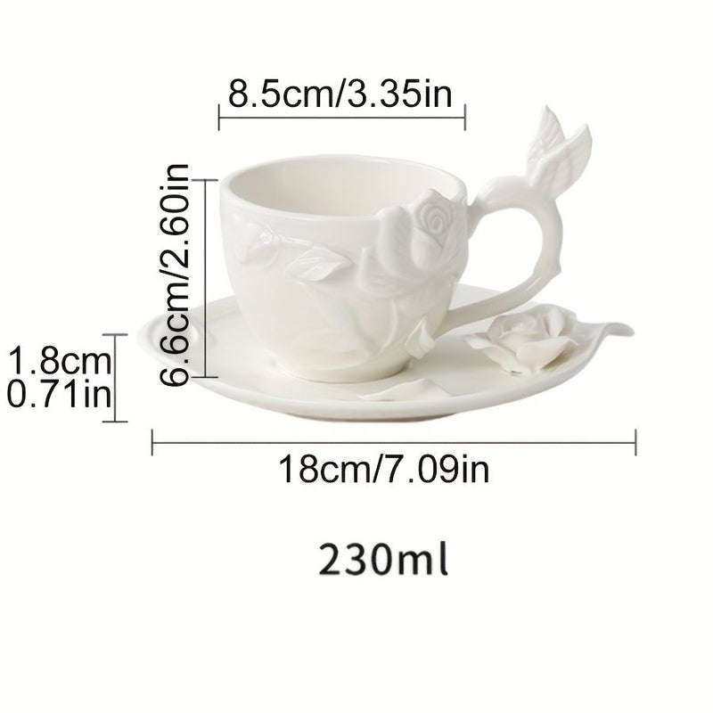 White Ceramic Rose Coffee Cup Saucer Set with Non Slip Handle for Home Office - Image 3
