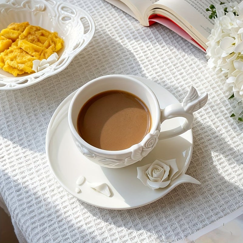 White Ceramic Rose Coffee Cup Saucer Set with Non Slip Handle for Home Office - Image 5