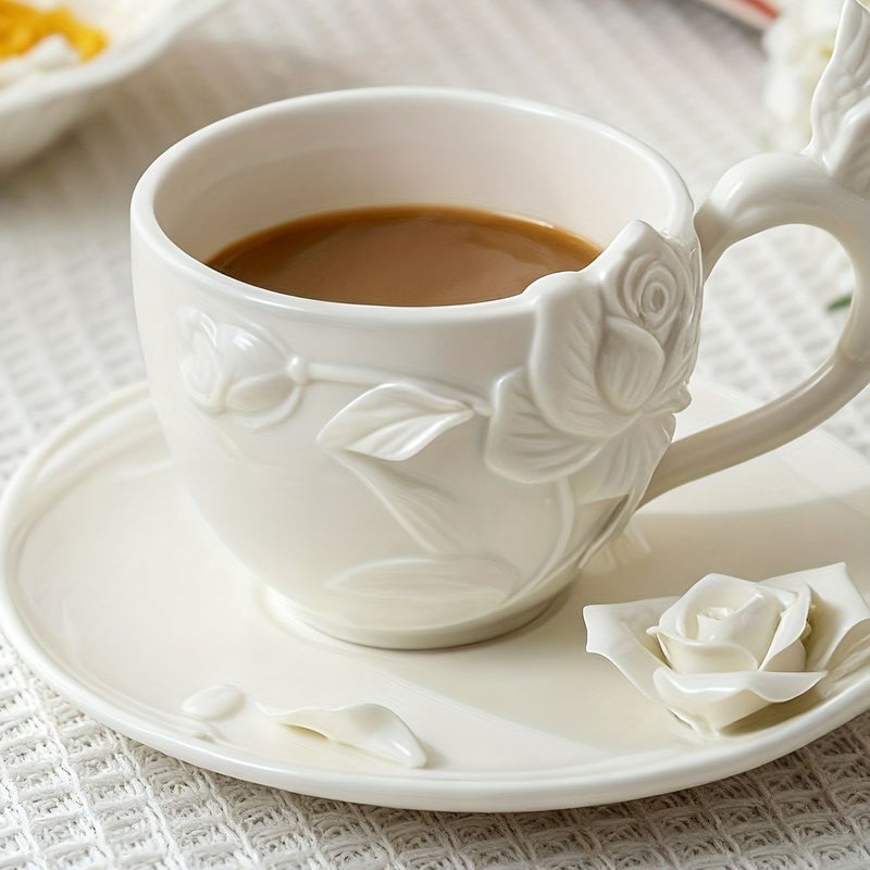 White Ceramic Rose Coffee Cup Saucer Set with Non Slip Handle for Home Office - Image 4