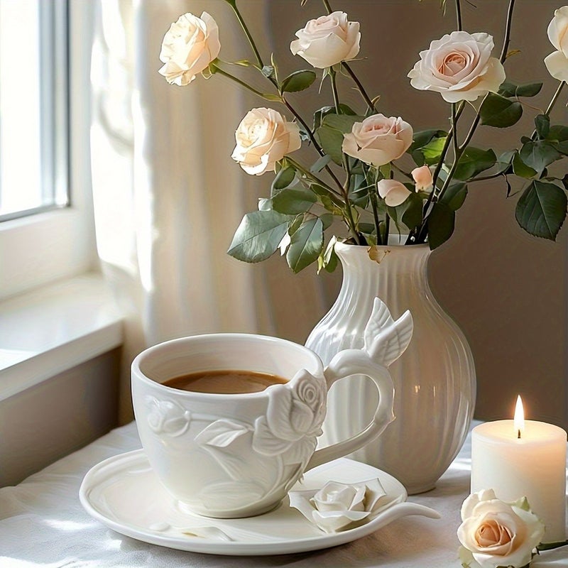 White Ceramic Rose Coffee Cup Saucer Set with Non Slip Handle for Home Office - Image 2