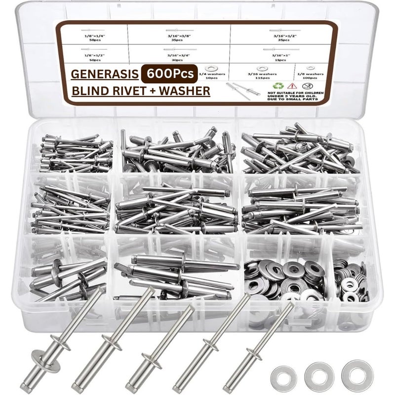 GENERASIS طقم مسامير ألومنيوم عمياء بحجم 6 مع طقم غسالات مسطحة عادية بحجم 3 | مسامير POP + غسالات | مسامير POP المعدنية وغسالات مسطحة (مسامير عمياء + غسالة زنك - 600 قطعة) - Image 1