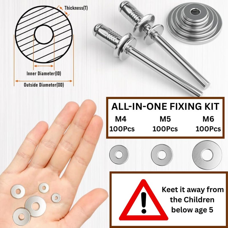 GENERASIS طقم مسامير ألومنيوم عمياء بحجم 6 مع طقم غسالات مسطحة عادية بحجم 3 | مسامير POP + غسالات | مسامير POP المعدنية وغسالات مسطحة (مسامير عمياء + غسالة زنك - 600 قطعة) - Image 4