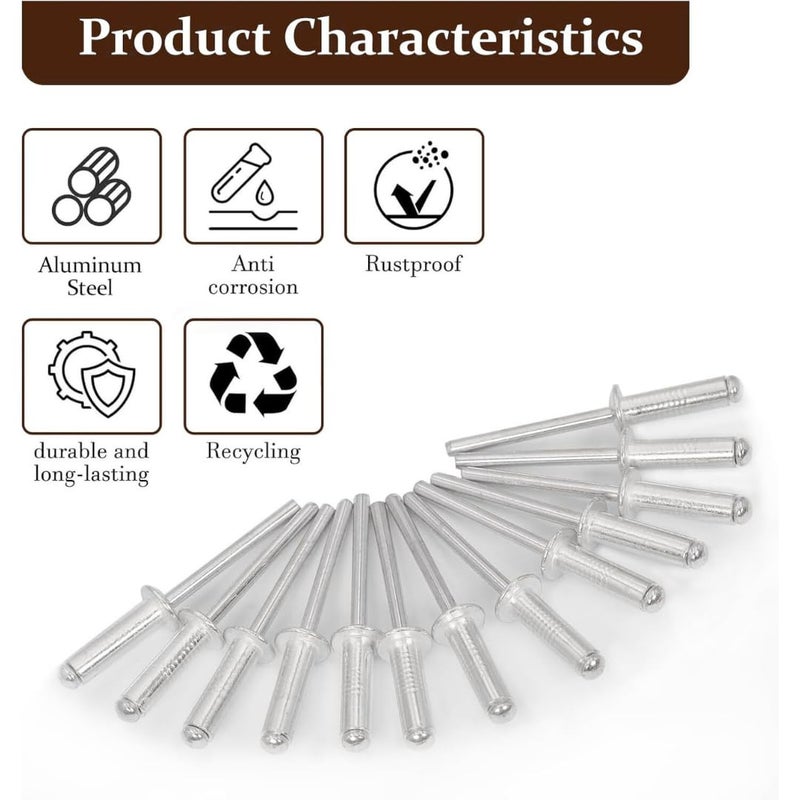 GENERASIS طقم مسامير ألومنيوم عمياء بحجم 6 مع طقم غسالات مسطحة عادية بحجم 3 | مسامير POP + غسالات | مسامير POP المعدنية وغسالات مسطحة (مسامير عمياء + غسالة زنك - 600 قطعة) - Image 3