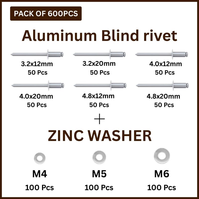 GENERASIS طقم مسامير ألومنيوم عمياء بحجم 6 مع طقم غسالات مسطحة عادية بحجم 3 | مسامير POP + غسالات | مسامير POP المعدنية وغسالات مسطحة (مسامير عمياء + غسالة زنك - 600 قطعة) - Image 2