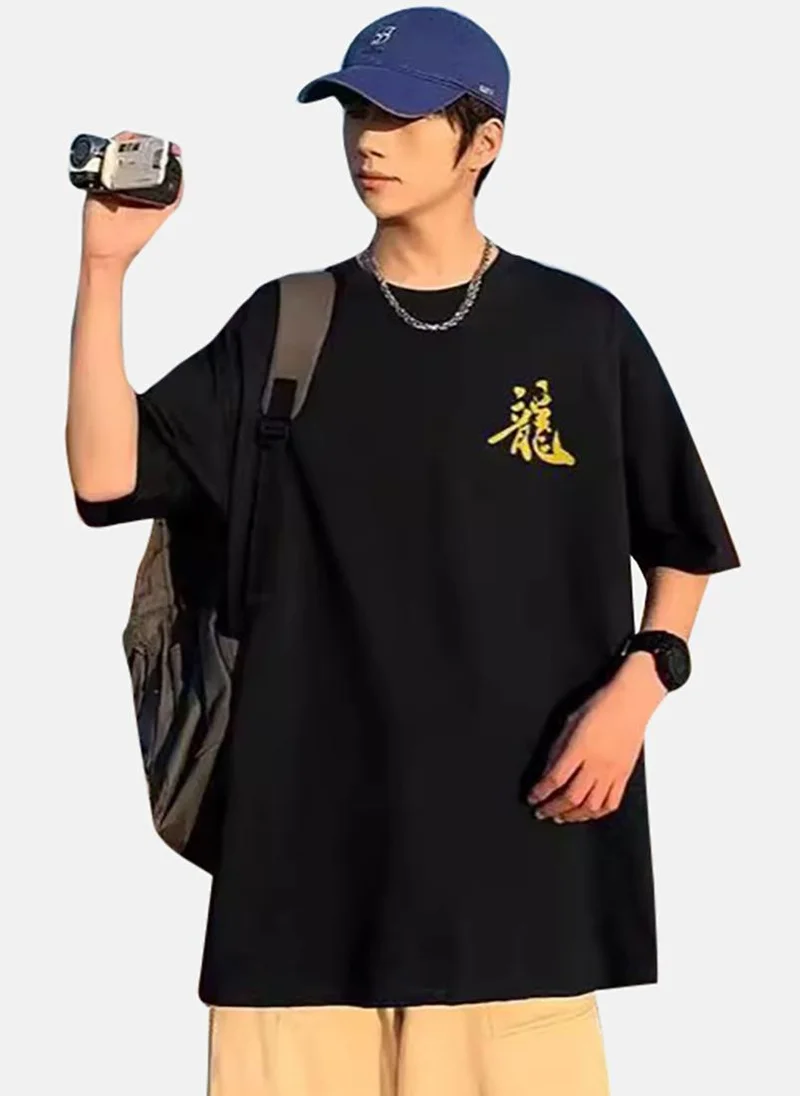YUNIQEE Black Printed Half Sleeve Round Neck T-Shirt