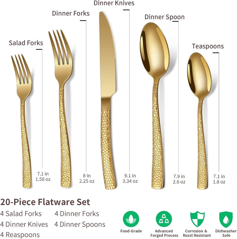 Remoxye 20Piece Silverware Set Gold Hammered Stainless Steel Flatware Sets for 4 FoodGrade Tableware Set Including Fork Knife Spoon Set Home Kitchen Cutlery Sets Dishwasher Safe  - Image 2