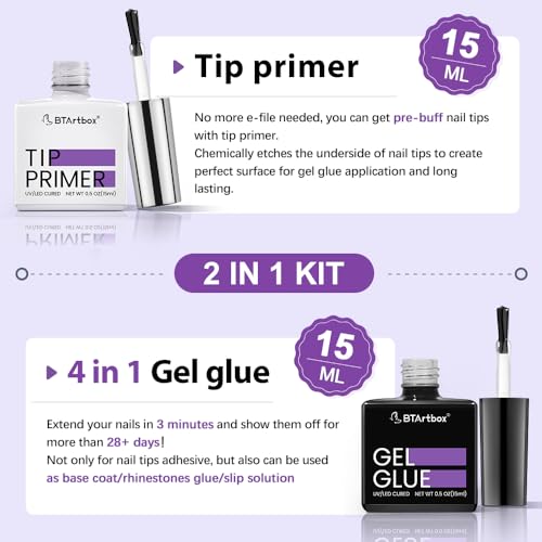 BTArtbox Nail Glue & Primer Set - 2 x 0.5 Fl Oz Acrylic French Ballerina Nail Gel, Long Lasting Super Strong 4 in 1 UV Nail Gel for Press On Nails - Image 4