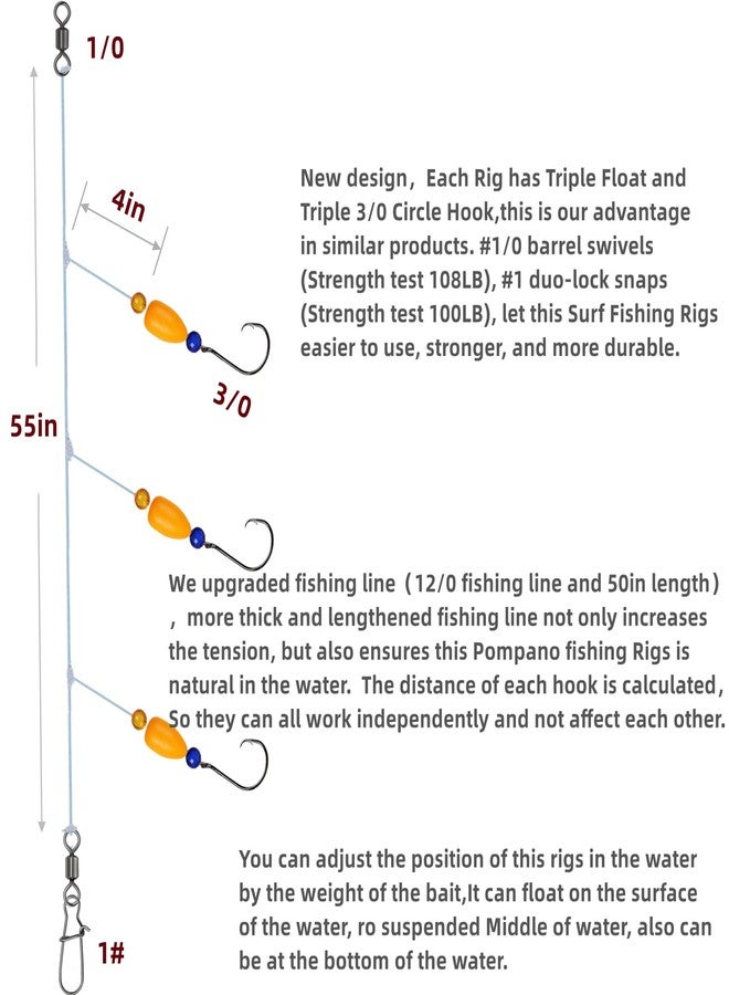 DAMIDEL 6Pcs Pompano fishing Rigs Ready Kit，3 in 1 Float Rigs with Triple 3/0 Circle Hook for Surf Fishing，（12/0） fishing line / 50in length/50lbTension in freshwter and Saltwater - Image 3