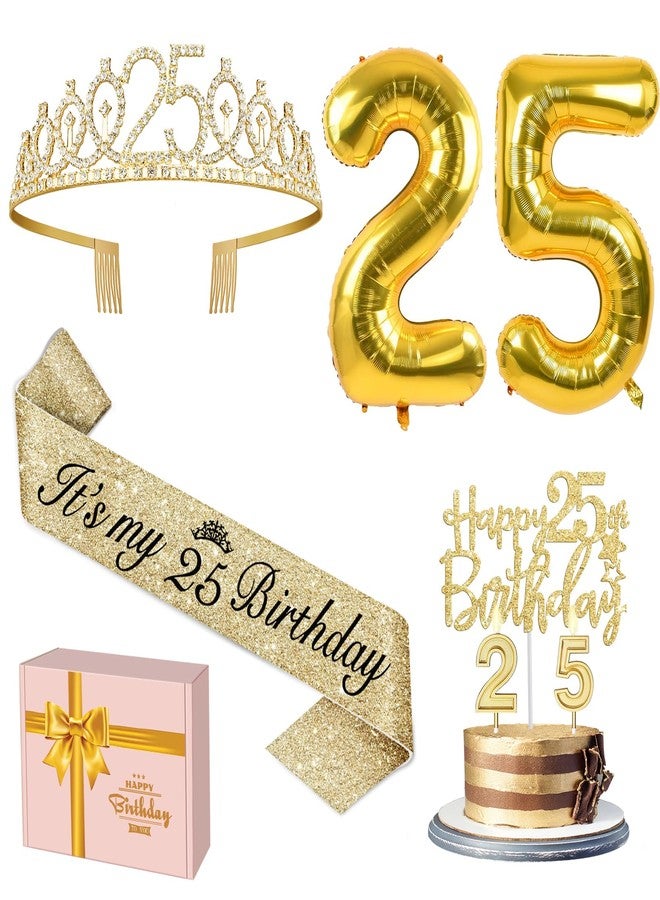 YeohJoy 25th Birthday Decorations for Women Gold - Sash, Crown, Cake Topper, Candles, Number Balloons, Gifts and Party Favor Supplies - Image 1