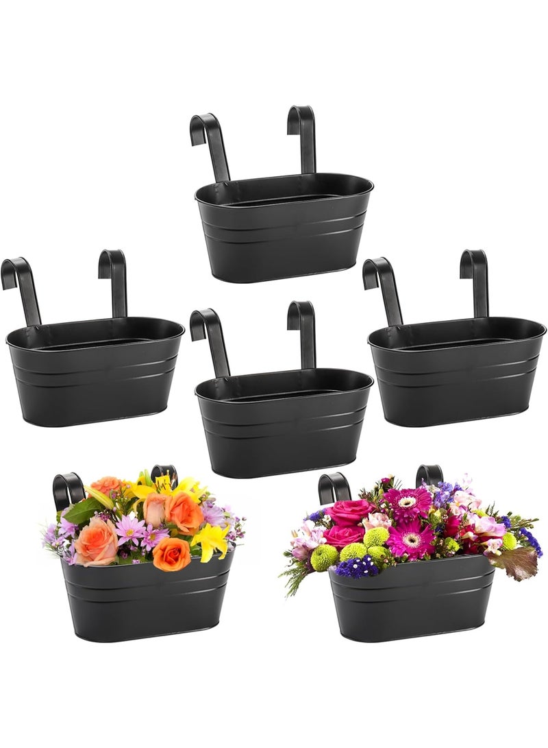 Arabest Foraineam 6 Pack Hanging Flower Pots, Metal Iron Hanging Planter Plant Pot Holders for Railing Fence Balcony, Black Hanging Bucket Pots Outdoor Porch Decors with Detachable Hooks and Drain Holes - Image 1