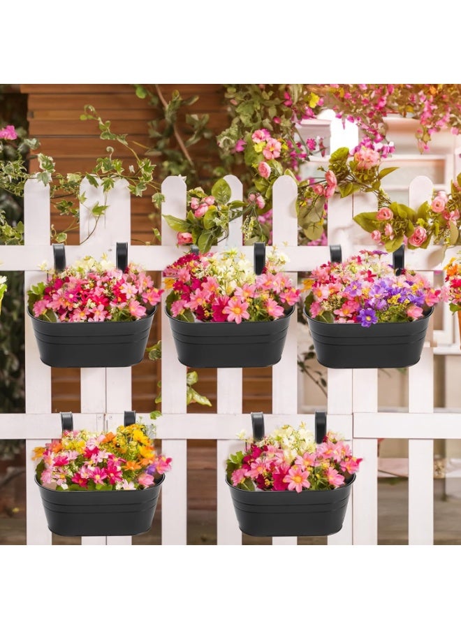 Arabest Foraineam 6 Pack Hanging Flower Pots, Metal Iron Hanging Planter Plant Pot Holders for Railing Fence Balcony, Black Hanging Bucket Pots Outdoor Porch Decors with Detachable Hooks and Drain Holes - Image 3
