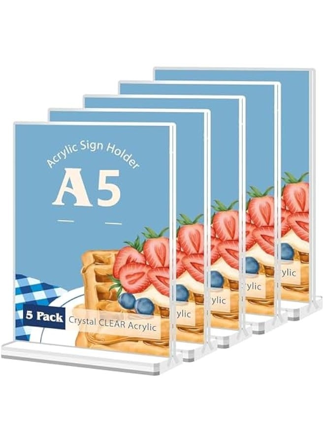 TRASSLE Acrylic Sign Holder 5 Pack, A4 Double Sided Clear Display Stand Table Top Sign Paper Holder, Vertical Menu Flyer Holder, Plastic Sign Frame for Stores, Restaurants, Hotels, Office  - Image 1