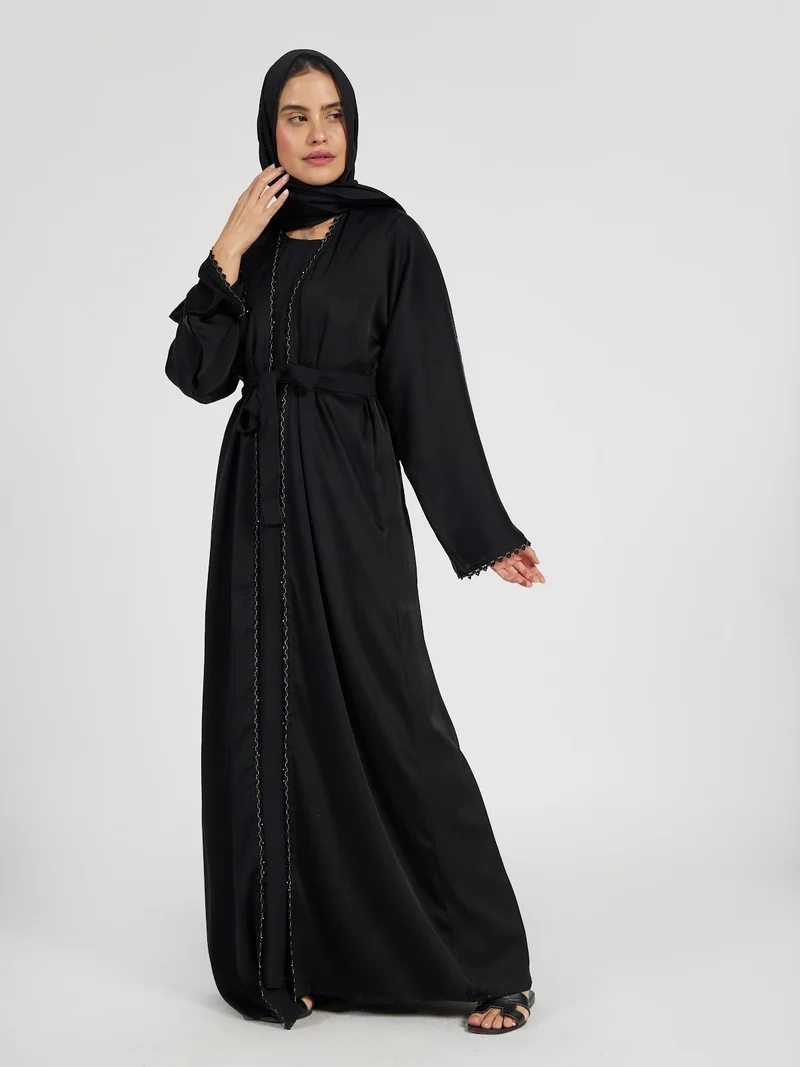 Reem Abayas Classic Black Open Front Abaya with Braided Gold Trim & Waist Tie