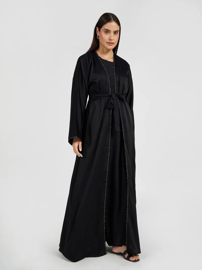 Reem Abayas Classic Black Open Front Abaya with Braided Gold Trim & Waist Tie