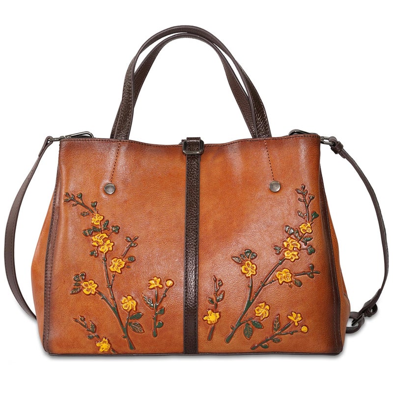 SHARPAD Genuine Leather Satchel for Women Top Handle Bags Handmade Purse Vintage Embossed Leather Crossbody Handbags Hobo Bag (Brown-2) - Image 1