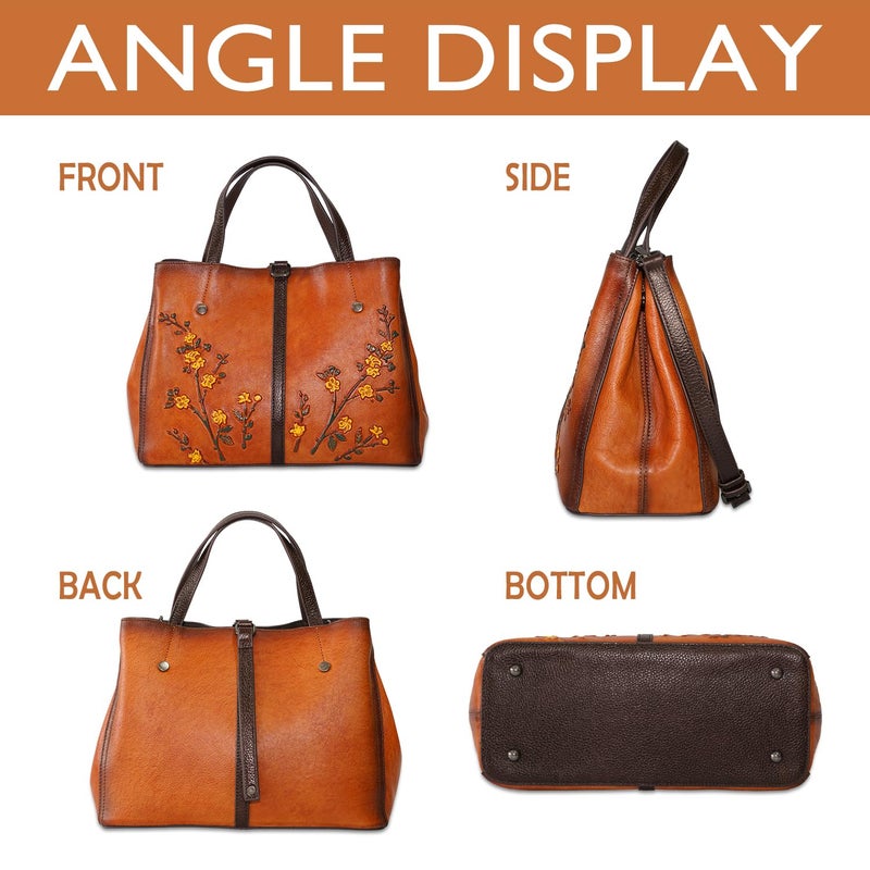 SHARPAD Genuine Leather Satchel for Women Top Handle Bags Handmade Purse Vintage Embossed Leather Crossbody Handbags Hobo Bag (Brown-2) - Image 3