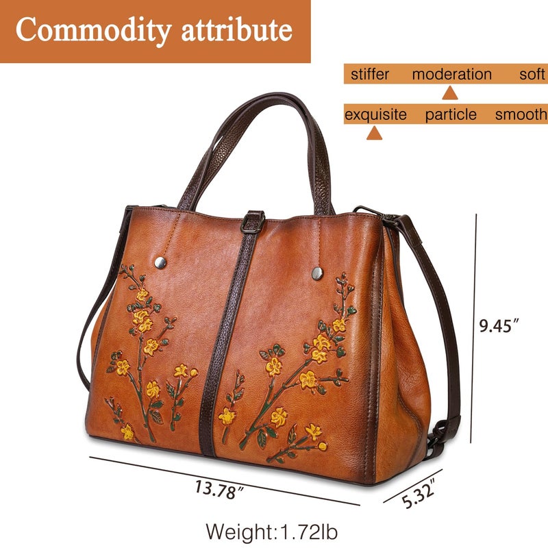SHARPAD Genuine Leather Satchel for Women Top Handle Bags Handmade Purse Vintage Embossed Leather Crossbody Handbags Hobo Bag (Brown-2) - Image 2