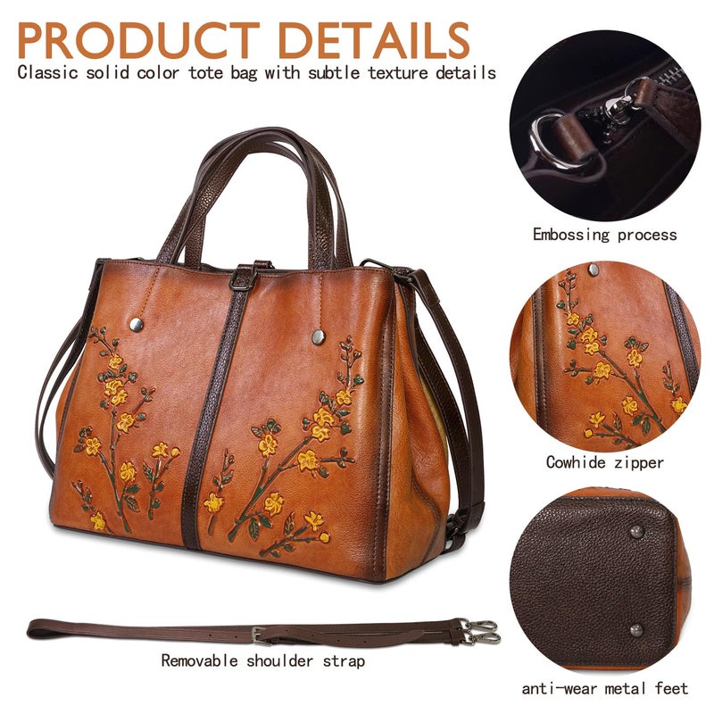 SHARPAD Genuine Leather Satchel for Women Top Handle Bags Handmade Purse Vintage Embossed Leather Crossbody Handbags Hobo Bag (Brown-2) - Image 4