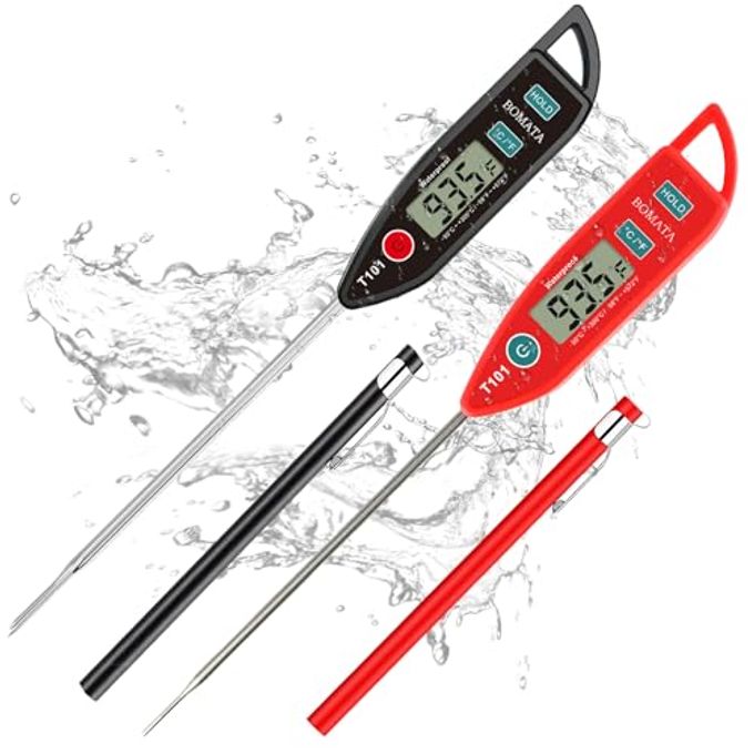 BOMATA 2 Pack Waterproof IPX7 Meat Thermometer Instant Read Food Thermometer with Long Probe for Water, Liquid, Kitchen Cooking, Grill,BBQ ! T101 X 2 Pcs (Black & Red) - Image 1