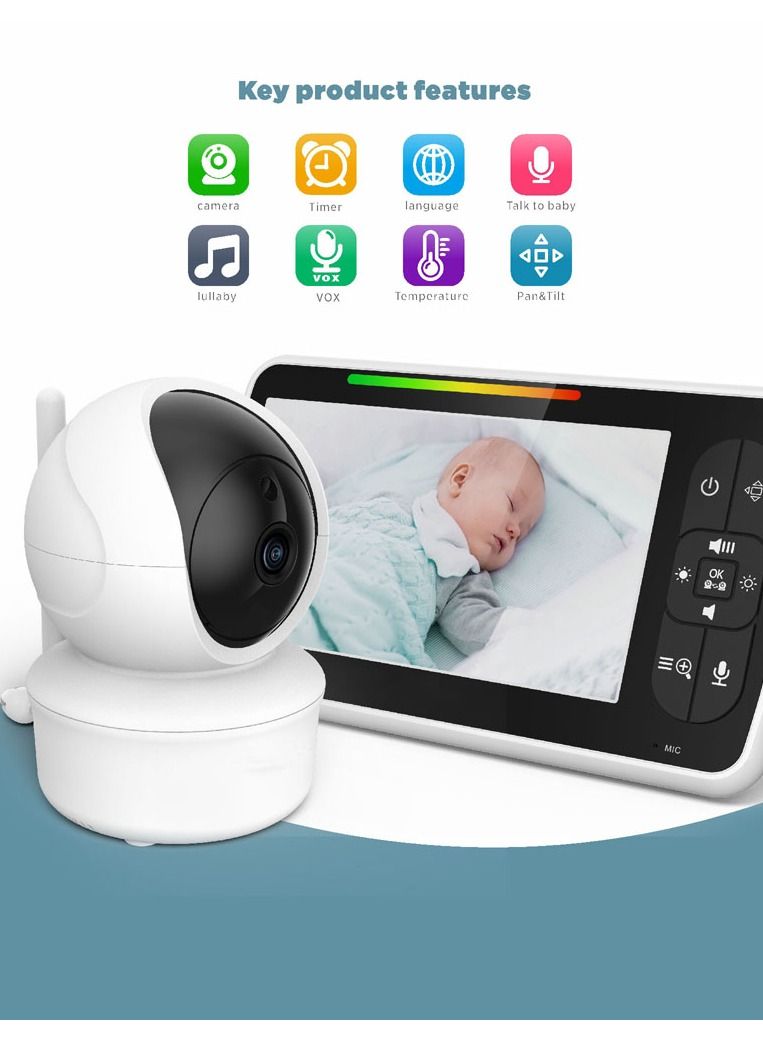 Crony جهاز مراقبة الأطفال TFT LCD مقاس 5 بوصات، شاشة كبيرة مقاس 5 بوصات، رؤية ليلية، صوت ثنائي الاتجاه، جهاز مراقبة الأطفال لاسلكيًا - Image 2