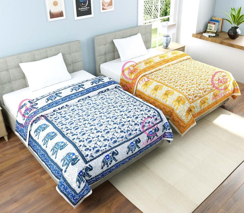 WORLDNEX 400 TC Pure Cotton Jaipuri Design Printed Light Weight Traditional Rajasthani Print Single Bed QuiltRazaiRajai Design 2 Single Bed Set of 2 Combo Set TC 400 - Image 3