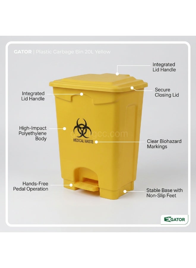 Gator Plastic Medical Waste Garbage Bin | Pedal Operated Covered Waste Bin for Clinic Hospital & Facility Use | 20L | Yellow - Image 2