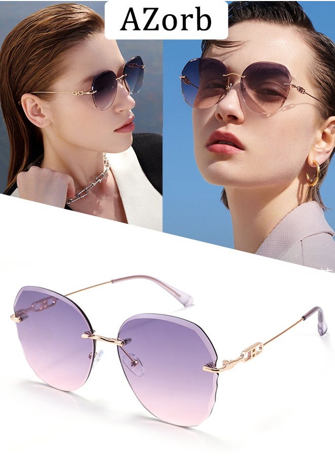 آأزورب - نظارات شمسية نسائية راقية بإطار معدني بتصميم فريد، حماية من الأشعة فوق النظارات للمرأة العصرية، نظارة رائعة بتصميم خالي من الإطارللنساء،ماركه قطعة زجاجية مستديرة غير بفتحة نضرات وردي - Image 1