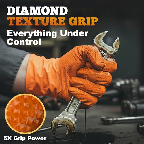 TitanFlex Heavy Duty Industrial Orange Nitrile Gloves, 8-mil, Gloves Disposable Latex Free with Raised Diamond Texture Grip, Powder Free, Rubber Glove, Mechanic Gloves,100-ct Box (XL) - Image 4