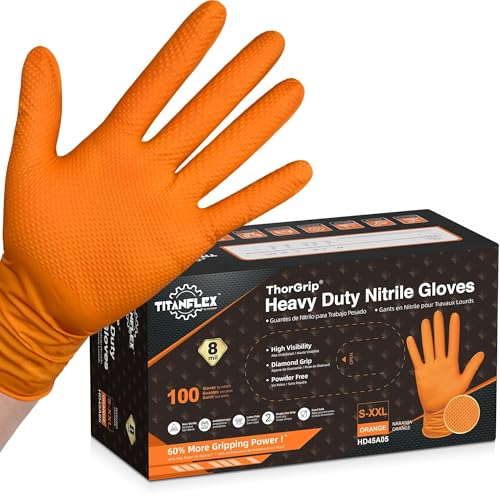 TitanFlex Heavy Duty Industrial Orange Nitrile Gloves, 8-mil, Gloves Disposable Latex Free with Raised Diamond Texture Grip, Powder Free, Rubber Glove, Mechanic Gloves,100-ct Box (XL) - Image 1