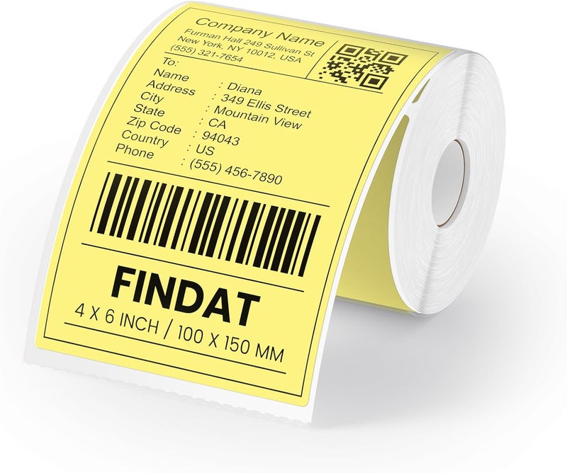 FINDAT Yellow Thermal Labels 4 x 6 Inch Vinyl Roll Self-Adhesive Shipping labels Waterproof Perforated Printer stickers for Business Address Barcode Mail DIY Design 250 PCS - Image 1