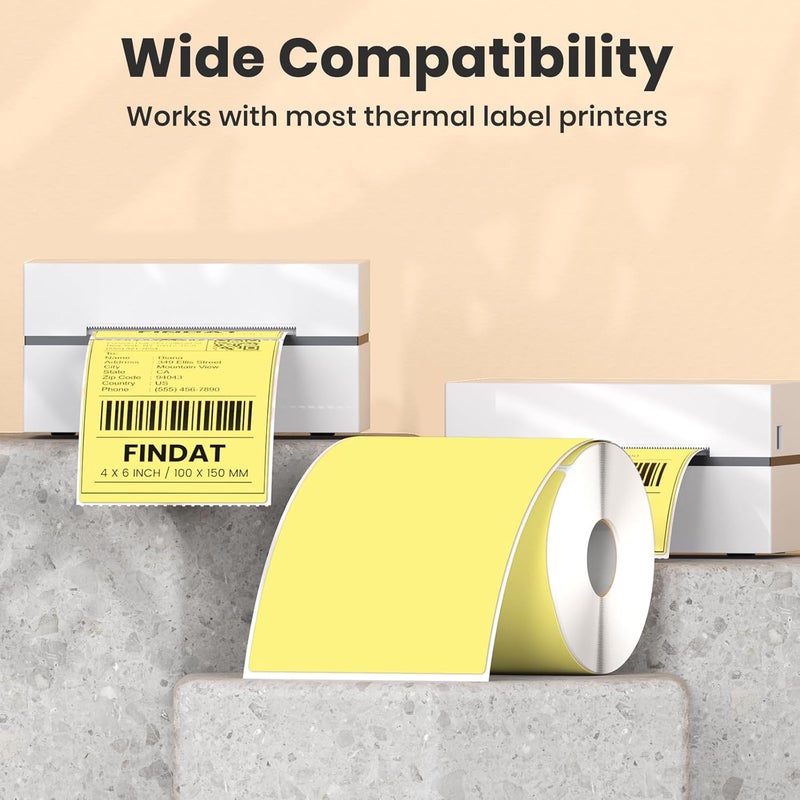 FINDAT Yellow Thermal Labels 4 x 6 Inch Vinyl Roll Self-Adhesive Shipping labels Waterproof Perforated Printer stickers for Business Address Barcode Mail DIY Design 250 PCS - Image 3