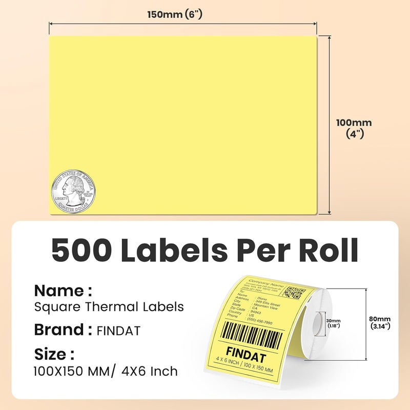 FINDAT Yellow Thermal Labels 4 x 6 Inch Vinyl Roll Self-Adhesive Shipping labels Waterproof Perforated Printer stickers for Business Address Barcode Mail DIY Design 250 PCS - Image 2