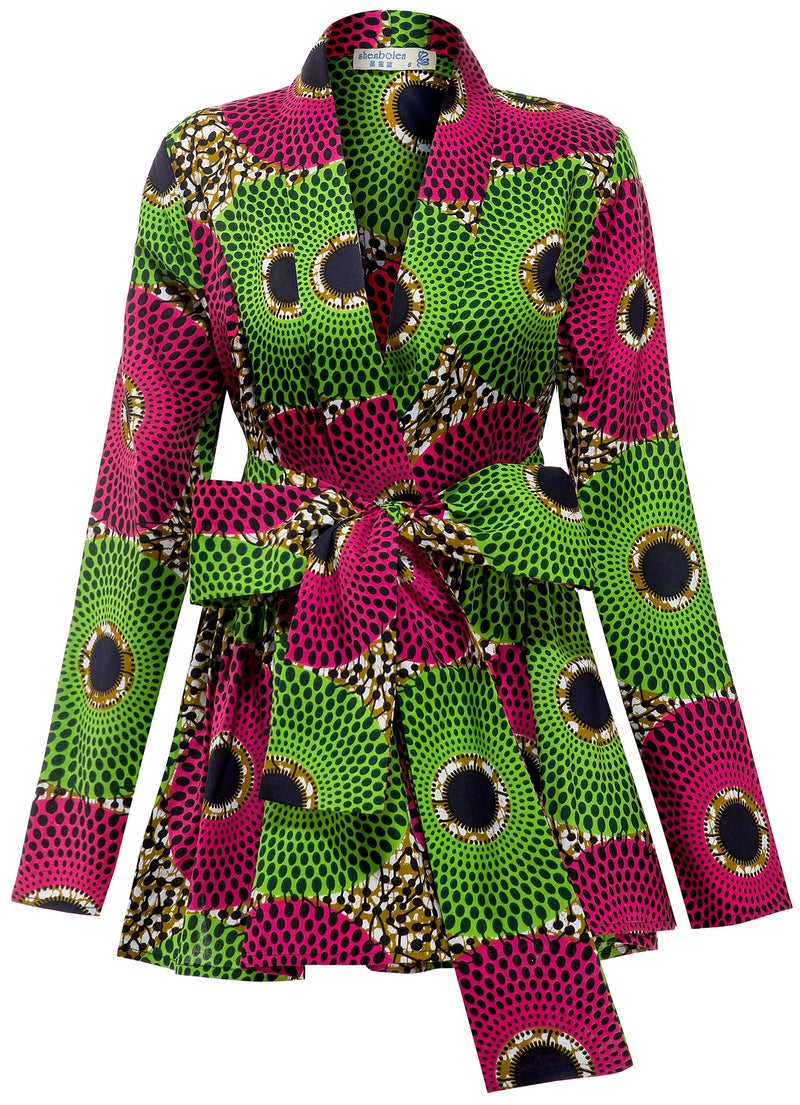 SHENBOLEN Women African Traditional Batik Print Long Sleeve Shirt Dashiki Casual Cotton Shirt (Small, MulticolorB) - Image 1