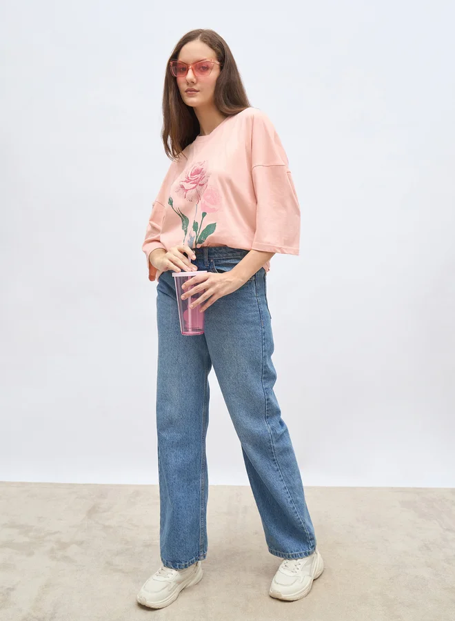 ستايلي Styli Pink Graphic Print Oversized T-Shirt