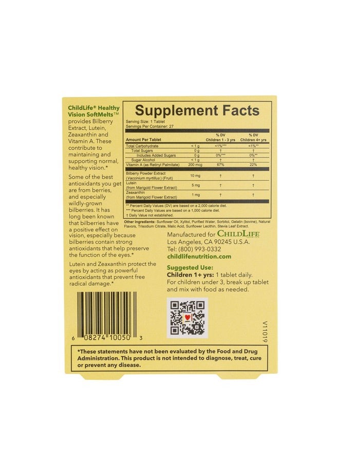CHILDLIFE ESSENTIALS - CHILDLIFE ESSENTIALS Healthy Vision SoftMelts - Eye Vitamins for Kids, Lutein Gummies, Lutein and Zeaxanthin Supplements, Eye Health Gummies, Lutein Children, Great Taste - Natural Berry, 27 Tablets - Image 1