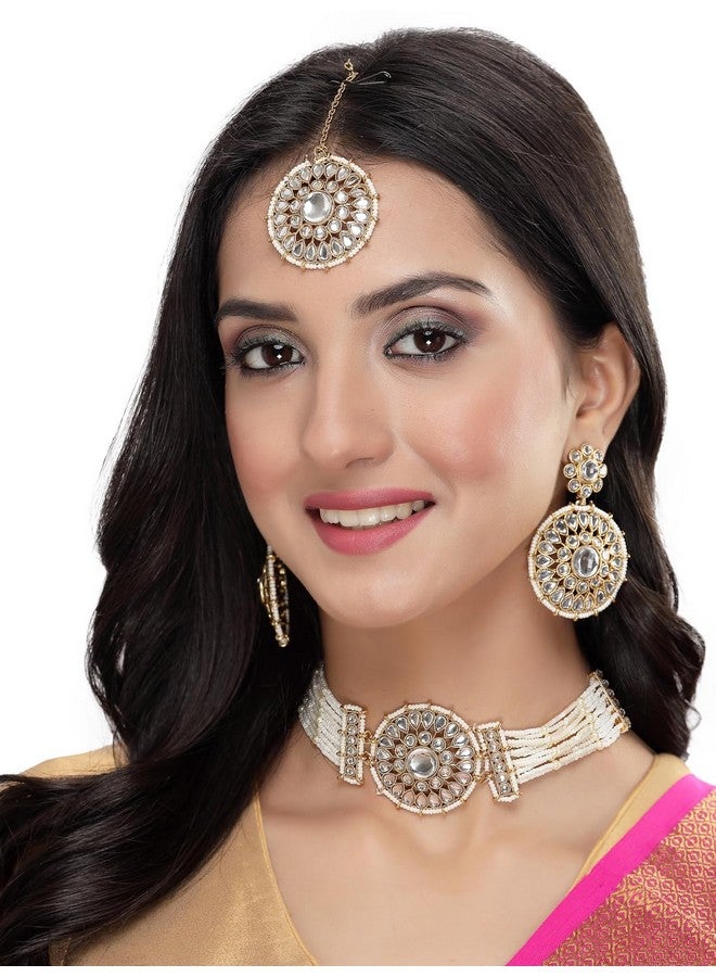 Sukkhi Decorative Round Shaped White Kundan & Beads Choker Necklace Set With Earring And Maangtika | Jewellery Set For Women (NS105502) - Image 2