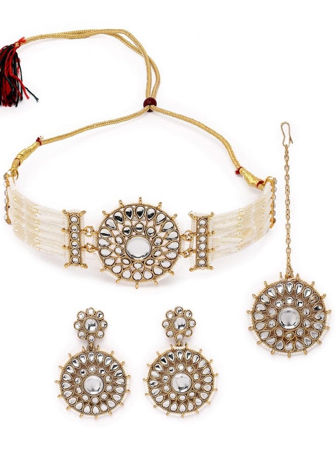 Sukkhi Decorative Round Shaped White Kundan & Beads Choker Necklace Set With Earring And Maangtika | Jewellery Set For Women (NS105502) - Image 1