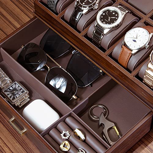 KAMIER Watch Box for Men, 10 Slots Mens Watch Case with Glass Lid, Watch Display Case With Drawer, 2-Layer Watch Holder Organizer, Jewelry and Watch Storage for Men Women, Walnut - Image 5